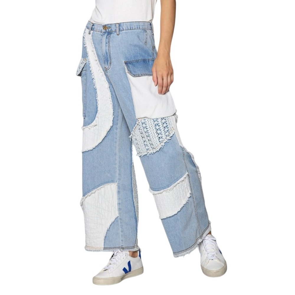 Light Blue Patchwork Wide-Leg Jeans Pants